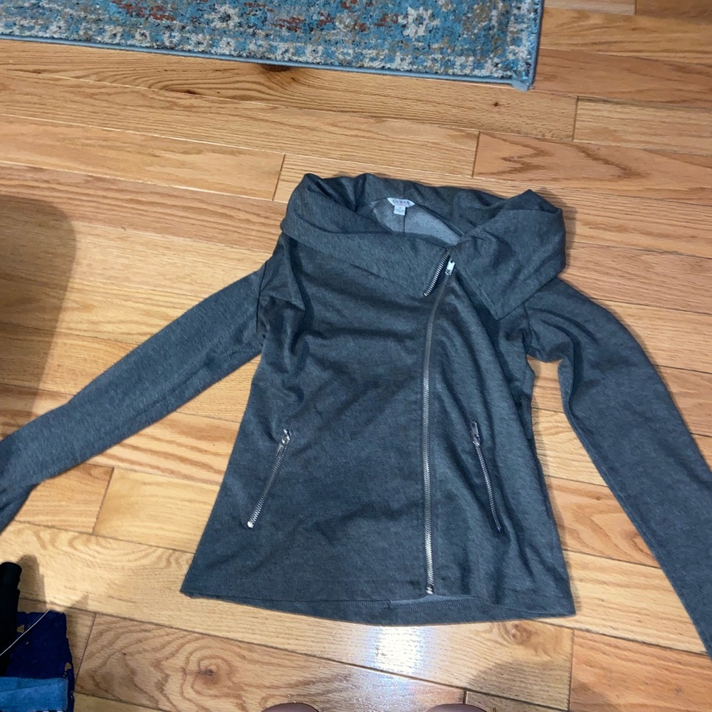 Guess light gray super soft fleece/sweater with silver asymmetrical zipper